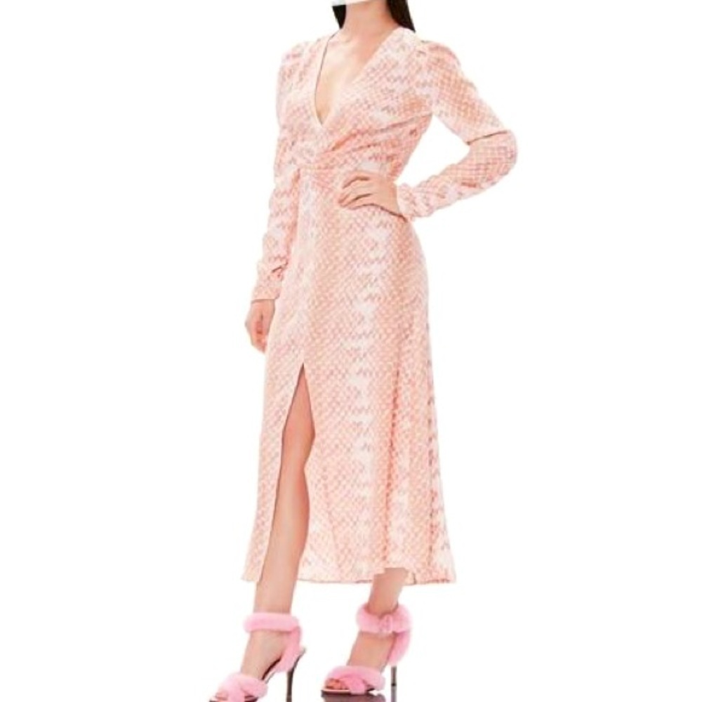 AFRM Revolve Pink Snakeskin Puff Sleeve maxi Dress front slit size S P NWOT - Picture 2 of 11